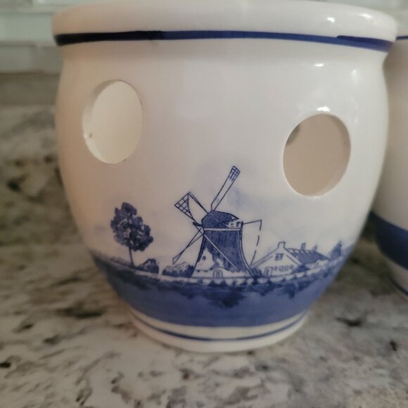 Set Of 2 Ceramic Dutch Delft Windmill Candle Holders Cutouts Blue & White - Picture 9 of 13